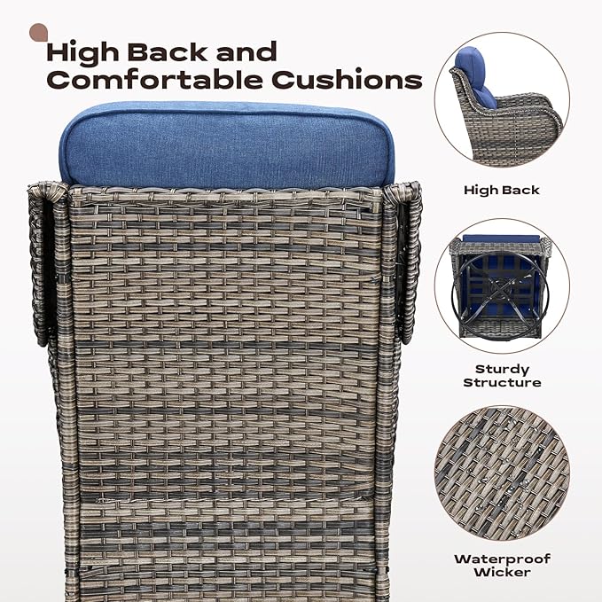 Rilyson Wicker Outdoor Patio Furniture Set - 5 Piece Patio Conversation Sets with Swivel Rocker Chairs, Ottomans and Side Table, 6 inch Cushions, Waterproof Wicker, for Porch Deck Mixed Grey/Blue