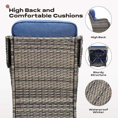 Rilyson Wicker Outdoor Patio Furniture Set - 5 Piece Patio Conversation Sets with Swivel Rocker Chairs, Ottomans and Side Table, 6 inch Cushions, Waterproof Wicker, for Porch Deck Mixed Grey/Blue
