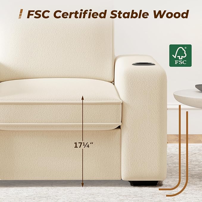 Furnimart 3-Seater Living Room Set Teddy Fabric, 58" Wide Loveseat & Accent Chair with USB Chargers, Cup Holders & High-Density Foam, Modern Sofa & Armchair Set for Apartment, Living Room(2 Colors)