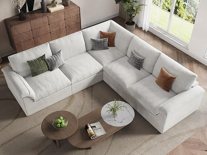EASE MOOSE Oversized Cloud Couch Sectional Sofa, L-Shaped Modular Couch for Living Room, Minimalist Boneless Convertible Couches, 5-Seat Deep Sofas for Bedroom, Chenille (White)