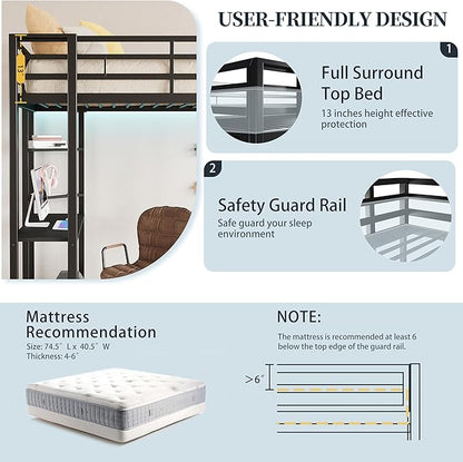 SUNLEI Metal Twin Loft Bed with Desk, Twin Size Loft Bed with 2 Built-in Ladders & Safety Guard, for Small Bedroom Noise Free, Charcoal Black