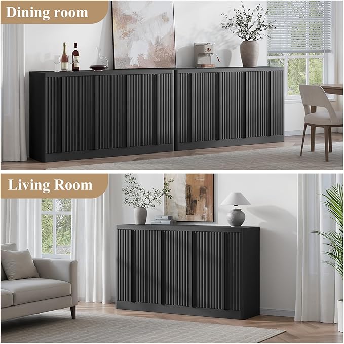 Fluted Buffet Cabinet with Storage, 120"Sideboard Buffet Cabinet with 8 Door, Modern Credenza Storage Cabinets with Adjustable Shelves, Solid Wood Handles for Kitchen, Dining, Living Room, Black(2PC)