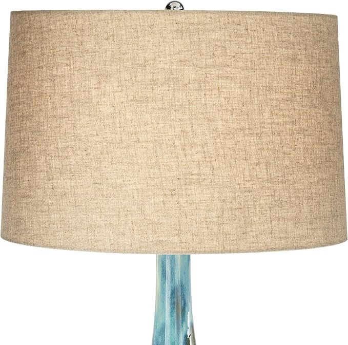 Possini Euro Design Kenya Modern Tropical Table Lamp with Riser 31" Tall Blue Green Ceramic Beige Linen Drum Shade for Living Room Bedroom House Bedside Home Office Entryway (Color May Vary)