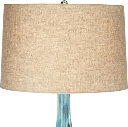 Possini Euro Design Kenya Modern Tropical Table Lamp with Riser 31" Tall Blue Green Ceramic Beige Linen Drum Shade for Living Room Bedroom House Bedside Home Office Entryway (Color May Vary)