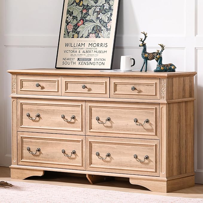 Dresser for Bedroom with 7 Drawers, 55" Wide Dresser for Storage and Organization, Farmhouse Chest of Drawers for Living Room, Closet, Hallway, Natural