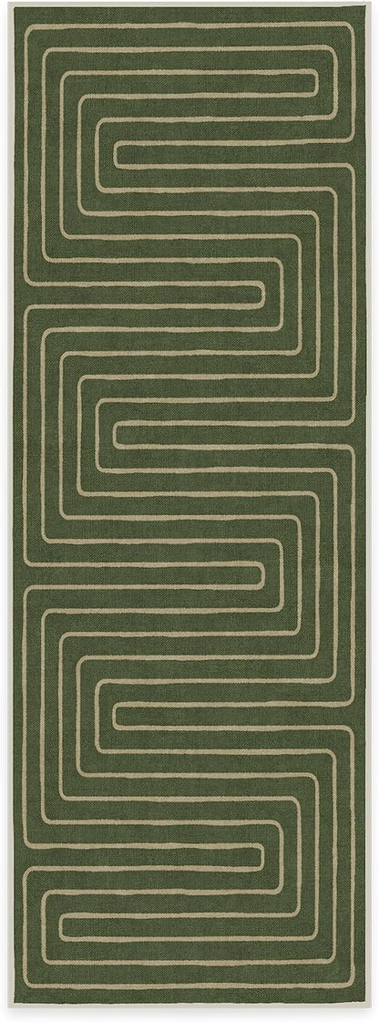 RUGGABLE x Jonathan Adler Machine Washable Modern Runner Rug – Labyrinth Fern Green 2.5x7, Stain-Resistant, Non-Slip – Washable Rug for Hallway, Entryway, Living Room & Kitchen–with Standard Pad
