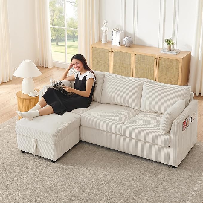 79" Small Couches with Storage Ottoman 3 Seat L Shaped Couch Sectional Sofa with Chaise Lounge for Apartment,Dorm,Bonus Room,Compact Spaces. (Beige, 3+OTT)