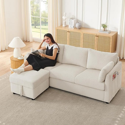 79" Small Couches with Storage Ottoman 3 Seat L Shaped Couch Sectional Sofa with Chaise Lounge for Apartment,Dorm,Bonus Room,Compact Spaces. (Beige, 3+OTT)