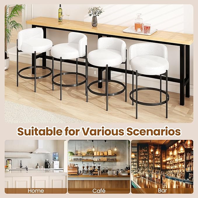 COSTWAY Counter Height Bar Stools Set of 4, 24.5 Inch Boucle Modern Barstools w/Curved Backrest, Metal Frame, Comfy Footrest, Upholstered Island Chairs for Dining Room, Kitchen, Cafe, 400 LBS Max Load