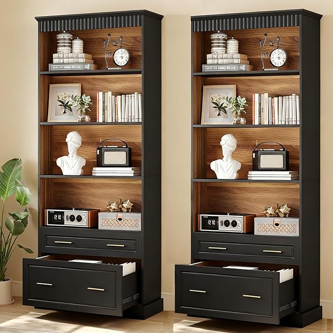 LITTLE TREE 72" Tall Black Bookcase, 5-Tier Office Bookself with File Cabinet Drawers,Modern Floor Standing Storage Filing Cabinet Book Shelf for Living Room,Bedroom(2 Piece,Black)