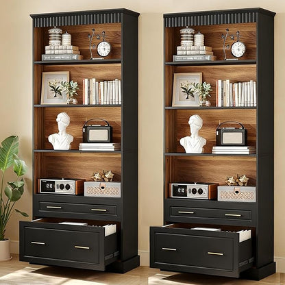 LITTLE TREE 72" Tall Black Bookcase, 5-Tier Office Bookself with File Cabinet Drawers,Modern Floor Standing Storage Filing Cabinet Book Shelf for Living Room,Bedroom(2 Piece,Black)