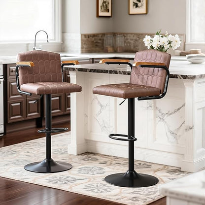 VECELO Bar Stools Set of 2, Adjustable Upholstered Swivel Barstools, Modern Counter Height Bar Stools with Back and Footrest, Island Chairs for Kitchen, Dining Room, Bar