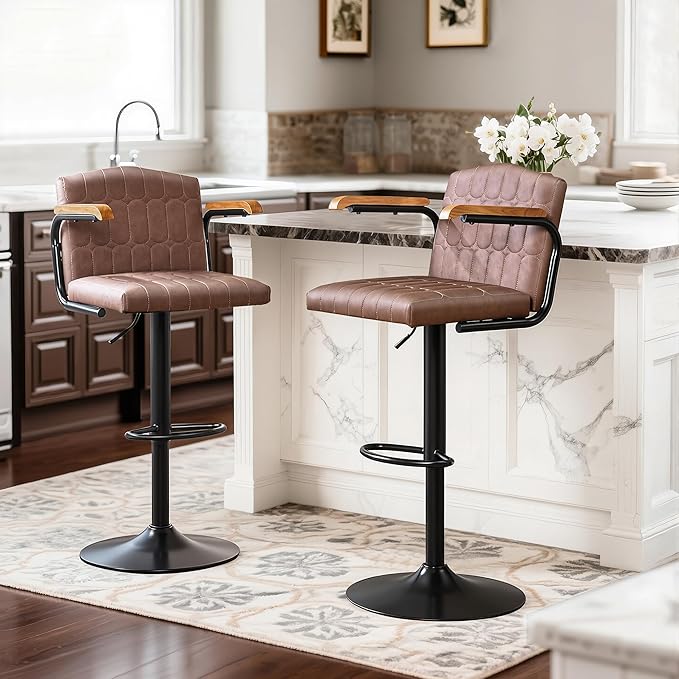 VECELO Bar Stools Set of 4, Adjustable Upholstered Swivel Barstools, Modern Counter Height Bar Stools with Back and Footrest, Island Chairs for Kitchen, Dining Room, Bar