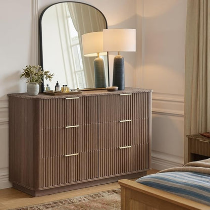 win2win 6 Drawer Dresser, Mid Century Modern Dresser with Storage, 47" Wide Fluted Chest of Drawers with Faux Marble Top, Dressers TV Stand, Drawers Organizer for Bedroom, Living Room, Hallway Walnut