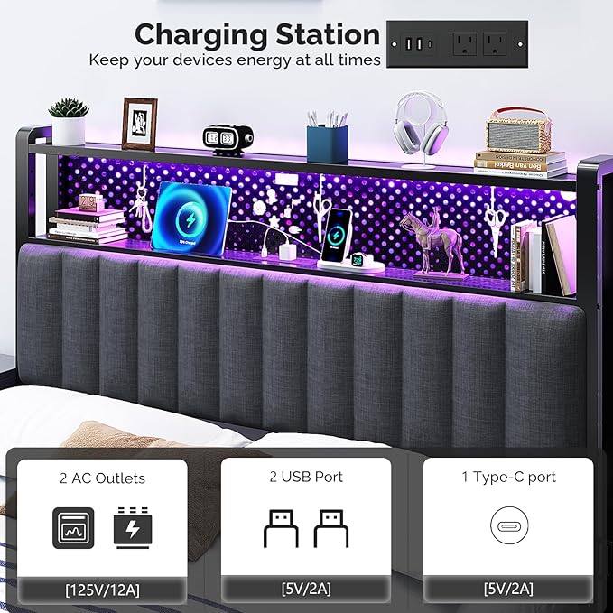 VINGLI Full Size Headboard Only, Adjustable Upholstered Headboard with 2 Tier Shelves and Pegboard with Charging Stations and LED Lights, Modern Bed Headboard with Storage for Bedroom Decor