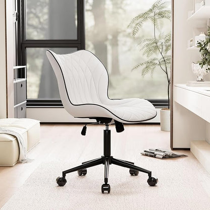 YOUNUOKE Armless Desk Chair Comfy Office Chair with Wheels Home Ergonomic Task Chair Adjustable Computer Chairs Modern Faux Leather Swivel Chair Upholstered Makeup Vanity Chair with Back(White)