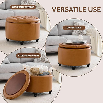 24Inch Round Storage Ottoman with Tray, Modern Tufted Leather Circle Coffee Table with Storage, Upholstered Ottoman with Removable Top for Living Room, Bedroom, Leather Brown
