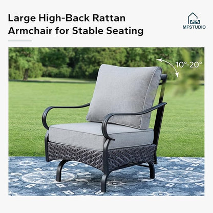 MFSTUDIO 4 Pieces Outdoor Patio Furniture Set, Metal Outdoor Conversation Set, Rattan Wicker Patio Sectional Sofa Set with 2 x Rocking Single Sofa, 3-Seat Sofa, 1 x Coffee Table, Grey