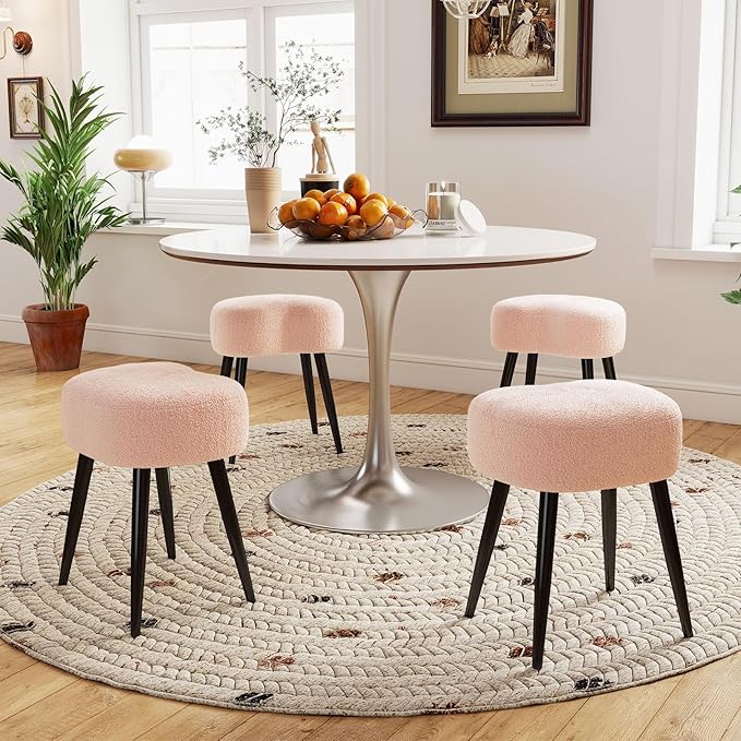 White Vanity Stool, Soft Makeup Stool with Solid Metal Legs for Vanity Corner, Morden Footrest Easy to Assembly (Pink)