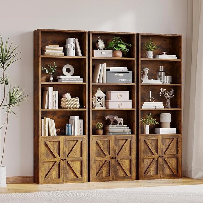 MXV 6-Tier Bookshelf and Bookcase Set of 2, Wooden Bookshelves with Cabinet Doors, Floor Bookshelves and Office Storage Cabinets for Home Office, Living Room (Brown 2 Pack, 6-Tier)