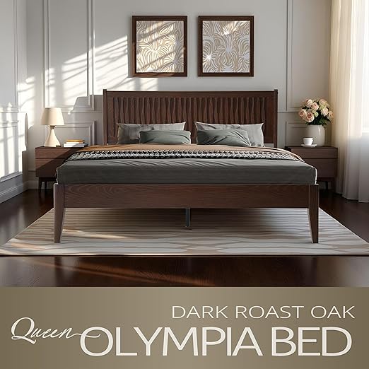 Queen Size Bed Frame with Headboard & Footboard, Solid Wood Platform Bed, Central Metal Legs, 12 Sturdy Slats, Under Bed Storage, Easy Assembly, Noise-Free & Anti-Slip, Dark Roast Oak Finish, OLQ-32