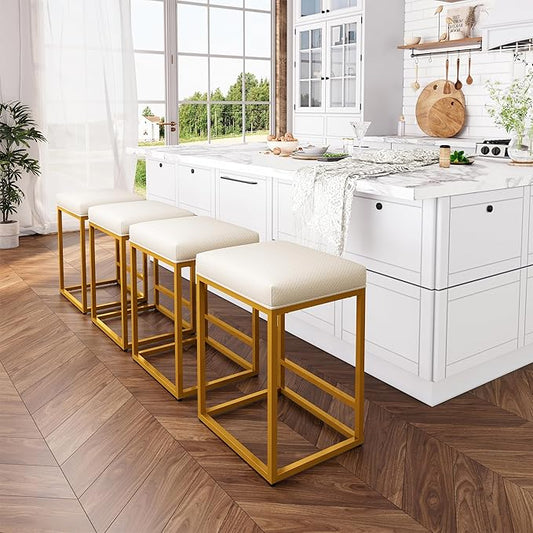 ALPHA HOME 24 Inch Counter Height Bar Stools, Upholstered Bar Stools for Kitchen Island, Counter Stools with Faux Leather Cushion and Sturdy Metal Frame, Modern Barstools, White and Gold