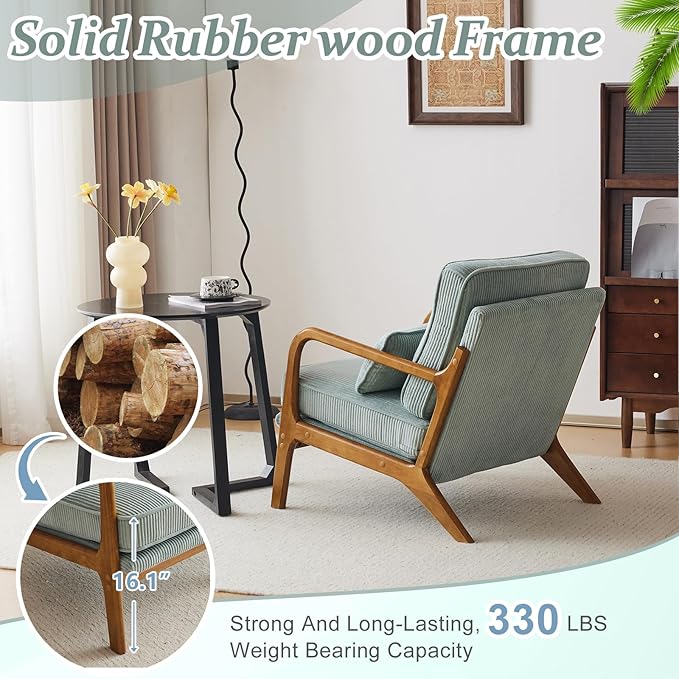 VINGLI Upgraded Premium Corduroy Accent Chairs Set of 2,Upholstered Arm Chair,Solid Wood Comfy Reading Chair with Pillow, Mid Century Modern Chairs for Living Room,Bedroom,Light Teal