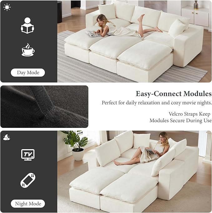 108" Sectional Couches for Living Room Boneless Couch Upholstered Cloud Couch Sectional Modular Sectional Sofa with L Shaped (Chenille-White, 4 Seat+2 Ottoman)