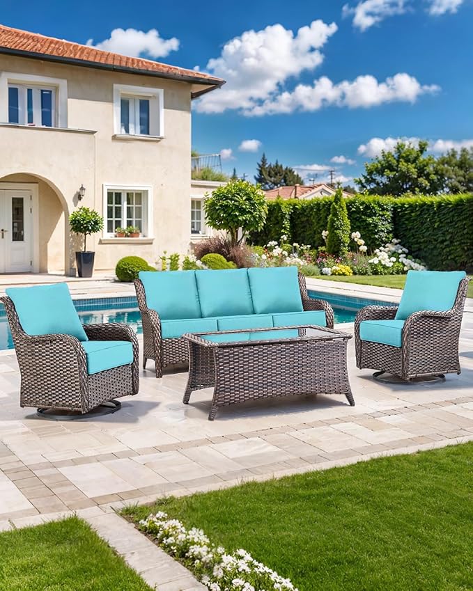 Luxury 22x24/22x25 6-Inch Patio Chair Cushions Set of 3 - Deep Seat Water-Resistant Patio Cushion for Dining Rocking Swivel Glider Loveseat 3-Seater Sectional Sofa - Turquoise