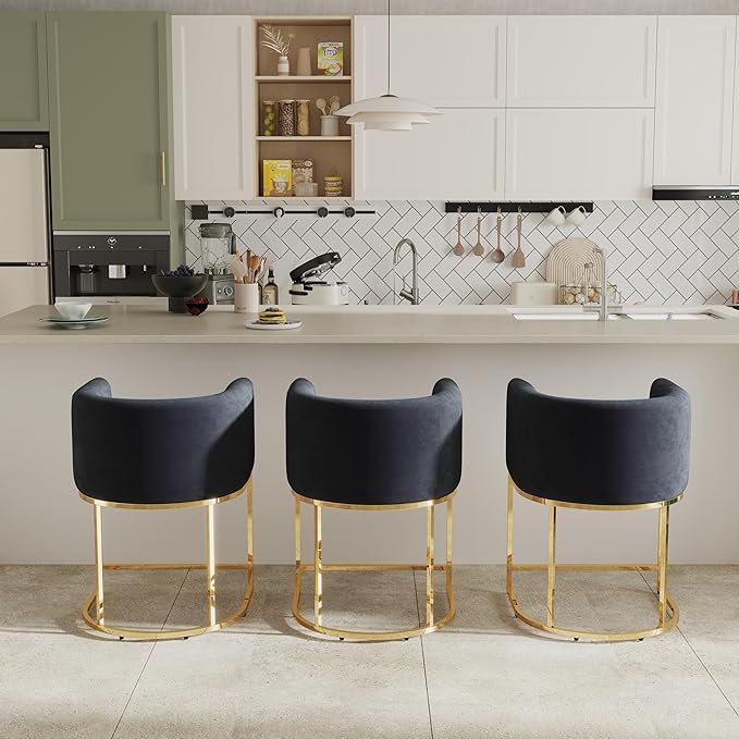 Contemporary Black Velvet Bar Stools Set of 3, 24" Upholstered Fabric Counter Height Barstools Kitchen Counter Island Stools with Screwed Together Golden Metal Base