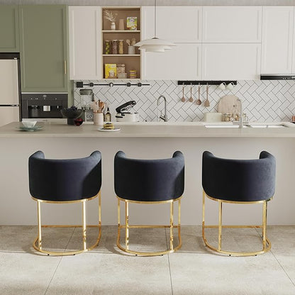 Contemporary Black Velvet Bar Stools Set of 3, 24" Upholstered Fabric Counter Height Barstools Kitchen Counter Island Stools with Screwed Together Golden Metal Base