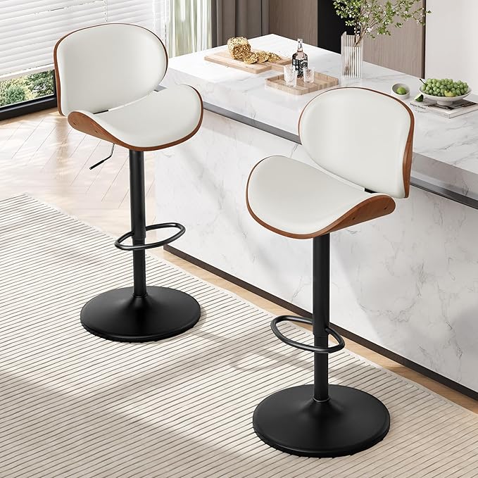 Furniliving Bar Stools Set of 4, Adjustable Height Swivel Bentwood Barstools, Upholstered Bar Chairs with Footrest, Ergonomic Modern Bar Stools for Dining Room, Kitchen, Bar, White, PU