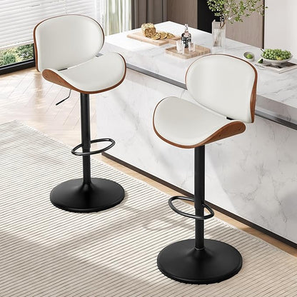 Furniliving Bar Stools Set of 4, Adjustable Height Swivel Bentwood Barstools, Upholstered Bar Chairs with Footrest, Ergonomic Modern Bar Stools for Dining Room, Kitchen, Bar, White, PU