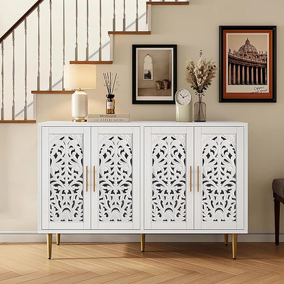 ARTPOWER 47.8" Accent Cabinet with 4 Doors, Vintage Hollow Carving Buffet Cabinet, Sideboards and Buffets with Storage, Credenza for Living Room, Kitchen, Dining Room, Entryway, Hallway, White