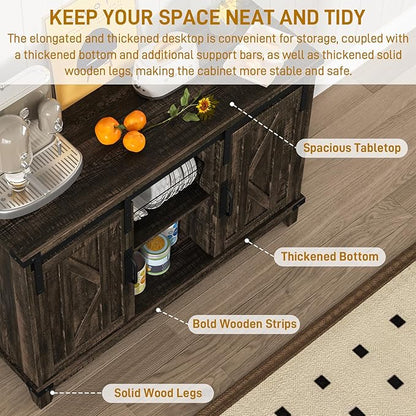 Vabches Bar Cabinet with Storage, Farmhouse Storage Cabinet with Sliding Barn Doors and Adjustable Shelves Small Rustic Liquor Cabinet for Living Room, Kitchen, Entryway