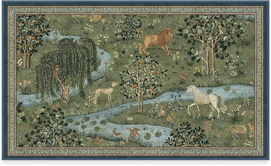 RUGGABLE x Morris & Co Washable Area Rug – Owl & Willow Green 3x5, Stain-Resistant, Non-Slip – Small Machine Washable Rugs for Living Room, Bedroom, Hallway, Entryway & Office–with Standard Pad