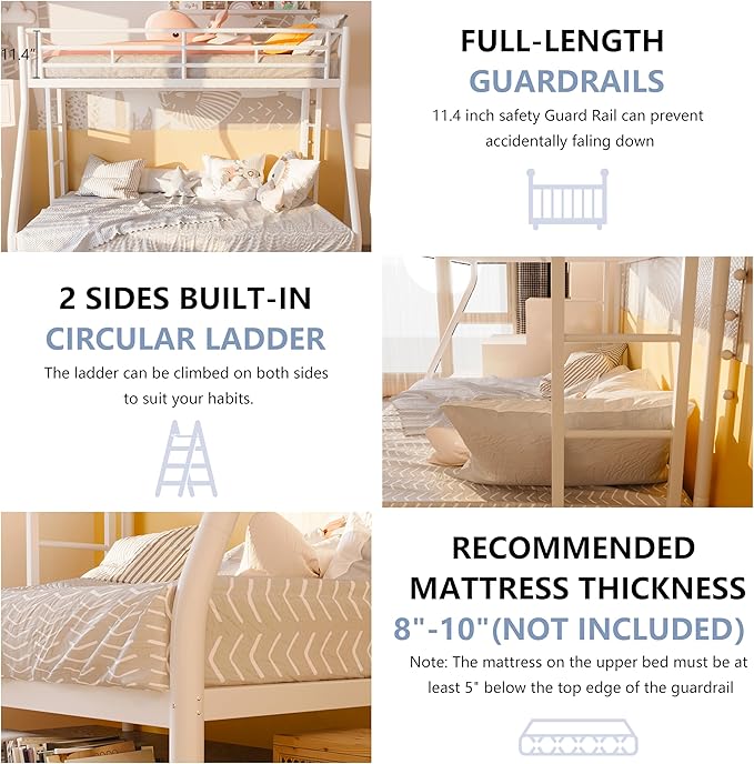 SUNLEI Metal Bunk Beds with Double Secured Ladders, Twin Over Full Bunk Bed with Surrounded Safety Guardrails, Space Saver Twin Beds, Noise Free for Small Bedroom, with Trundle, White