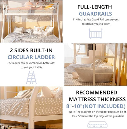 SUNLEI Metal Bunk Beds with Double Secured Ladders, Twin Over Full Bunk Bed with Surrounded Safety Guardrails, Space Saver Twin Beds, Noise Free for Small Bedroom, with Trundle, White