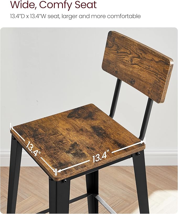 VASAGLE Set of 2 Bar Stools, Bar Height Stools, 29.1 Inches Tall Barstools with Back, Counter Bar Chairs for Kitchen Island, Steel Frame, Industrial Style, Easy Assembly, Rustic Brown and Ink Black