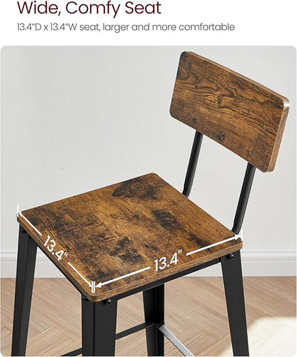 VASAGLE Set of 2 Bar Stools, Bar Height Stools, 29.1 Inches Tall Barstools with Back, Counter Bar Chairs for Kitchen Island, Steel Frame, Industrial Style, Easy Assembly, Rustic Brown and Ink Black