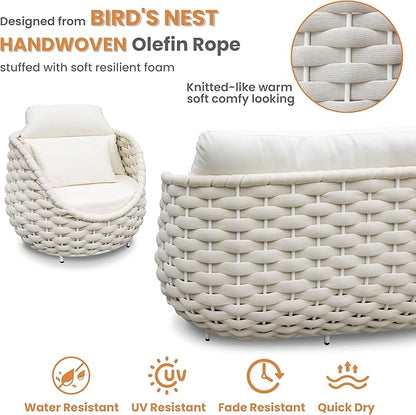 Metal Backyard Furniture Set: Aluminum Assembled Front Porch 4 Pieces Outdoor Set - Woven Rope Patio Conversation Set Modern - Cushioned Deck Couch Set Garden Sunroom Pool Hotel Resort, Beige
