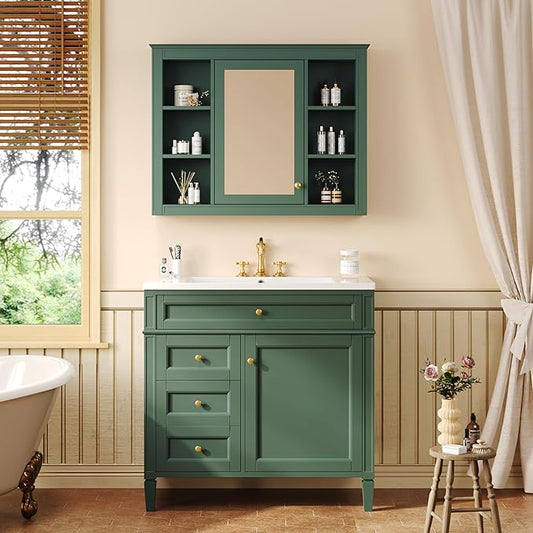 36" Bathroom Vanity with Matching Medicine Cabinet, Modern Sink Storage Cabinet with Drawers, Soft Closing Doors and Shelf, Bathroom Vanities with Sink & Mirror