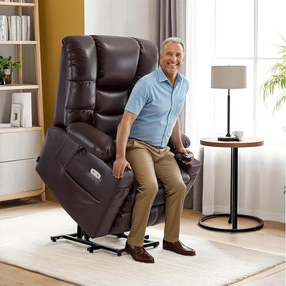 MCombo Large Triple Motor Power Lift Recliner Chair with Massage and Dual Heating, Adjustable Headrest for Tall Elderly People, Faux Leather 7634 (Dark Brown, Large)