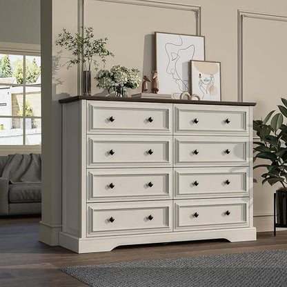 Farmhouse 8 Drawer Dresser for Bedroom, 54" Wide Wood Dresser with Natural Texture, Vintage Metal Double Hand Knobs, Rustic Chest of Drawers for Bedroom, Living Room, Hallway, Antique White