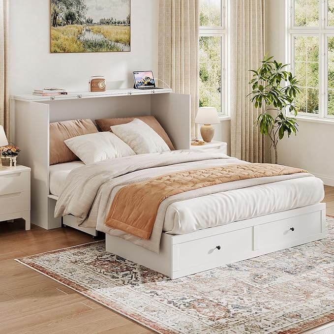 Queen Murphy Bed with Storage & Charging Station, Murphy Cabinet with Foldable Panel, Noisy Free, for Guest Bedroom, Living Room, Office, Distressed White