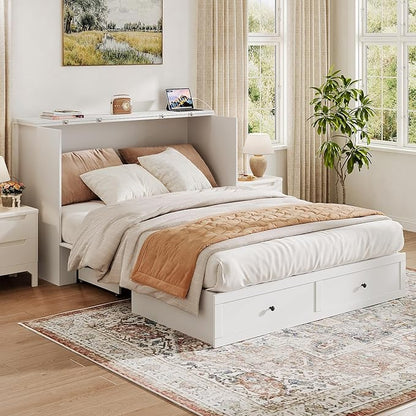 Queen Murphy Bed with Storage & Charging Station, Murphy Cabinet with Foldable Panel, Noisy Free, for Guest Bedroom, Living Room, Office, Distressed White