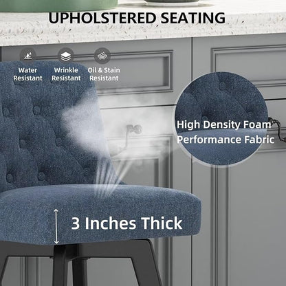MINCETA Bar Stool, 30 Inch Upholstered Barstool with Low Tufted Back and Footrest, Swivel Counter Height Barstool for Kitchen Island Home Bar Performance Fabric Navy Blue