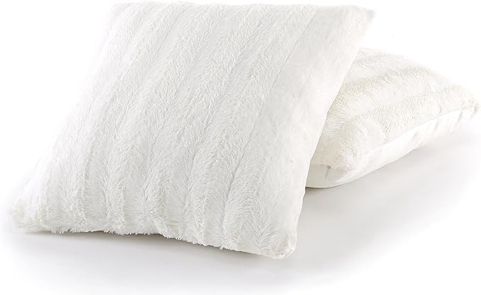 Cheer Collection Faux Fur Throw Pillows - Decorative Pillows for Couch, Bed Throw Pillows, Sand Accent Pillows for Bedroom or Living Room Aesthetic, Set of 2 Furry Throw Pillows, 18”x18”