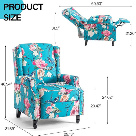Recliner Chair, Upholstered Wingback Floral Pushback Armchair with Adjustable Backrest & Footrest, Comfy Accent Chair Reading Single Sofa for Small Spaces, Living Room, Bedroom (Peacock, Set of 2)