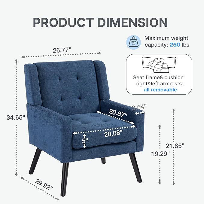 Mid-Century Modern Accent Chair, Plush Linen Fabric with Button Tufted High Back & 5" Thick Cushion, High Comfort Reading Chair for Living Room, Bedroom, Office (Blue)